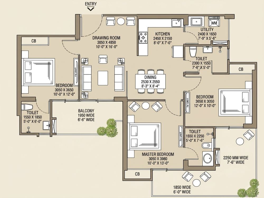3 BHK Layout 1550 - SKA Atlantis