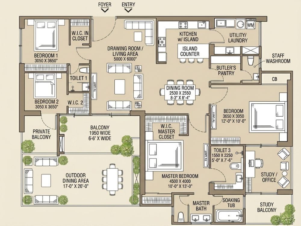 3 BHK+3t+Dressing Layout - SKA Atlantis